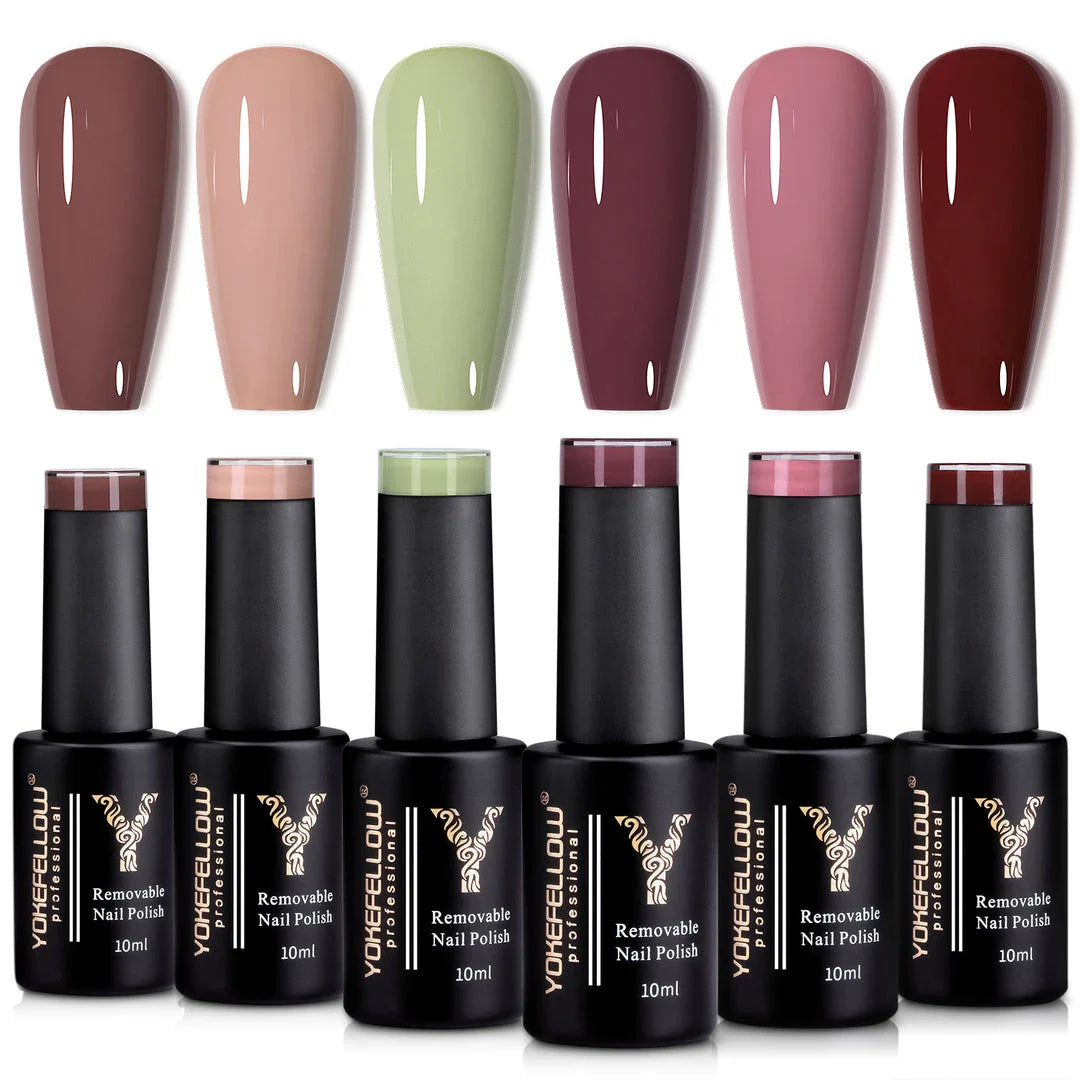 A set of six nude-coloured gel nail polishes in an autumn-inspired collection for long-lasting, salon-quality manicures