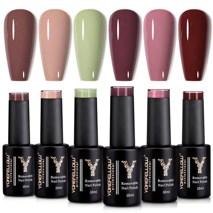 A set of six nude-coloured gel nail polishes in an autumn-inspired collection for long-lasting, salon-quality manicures