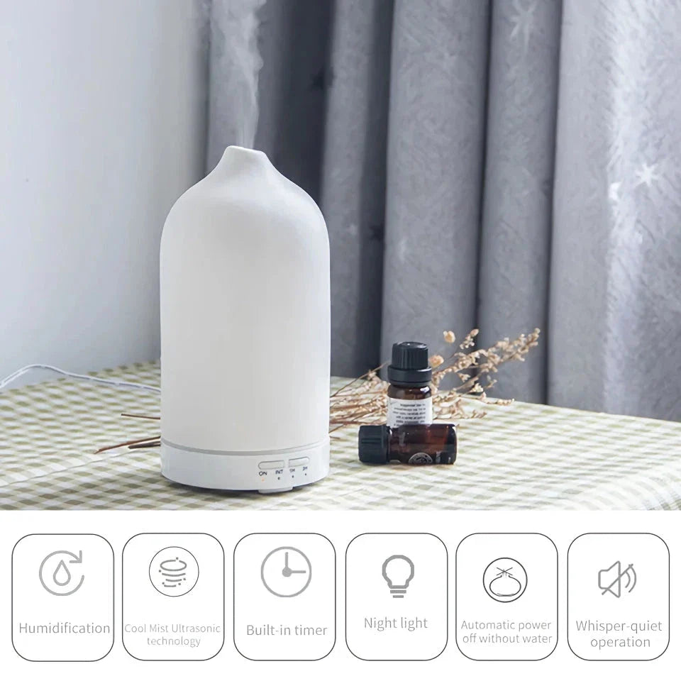 Elegant ceramic ultrasonic essential oil diffuser with timer and night light function for home ambiance and aromatherapy