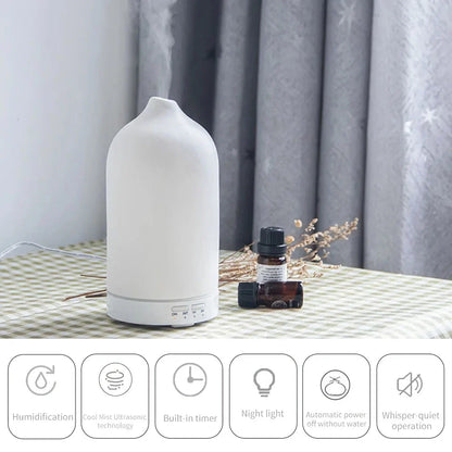 Elegant ceramic ultrasonic essential oil diffuser with timer and night light function for home ambiance and aromatherapy
