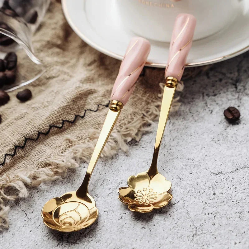 Elegant gold-plated mini stainless steel dessert spoons with colourful ceramic handles and floral designs