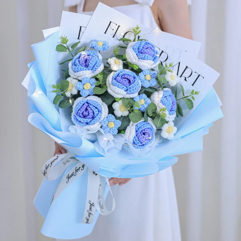 Beautifully crafted knitted bouquet with vibrant sunflowers, featuring a warm LED lighting system for a captivating display