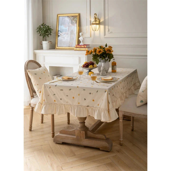 Elegant British Cotton Tablecloth with Intricate Apricot Embroidery and Lotus Leaf Edge