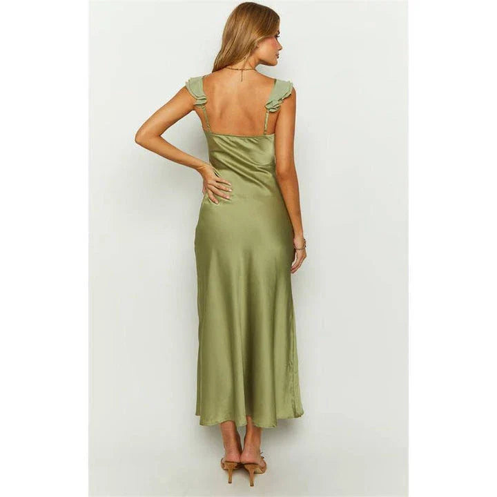 Elegant sleeveless ruffle maxi dress in green with backless design, made of premium silk and polyester blend