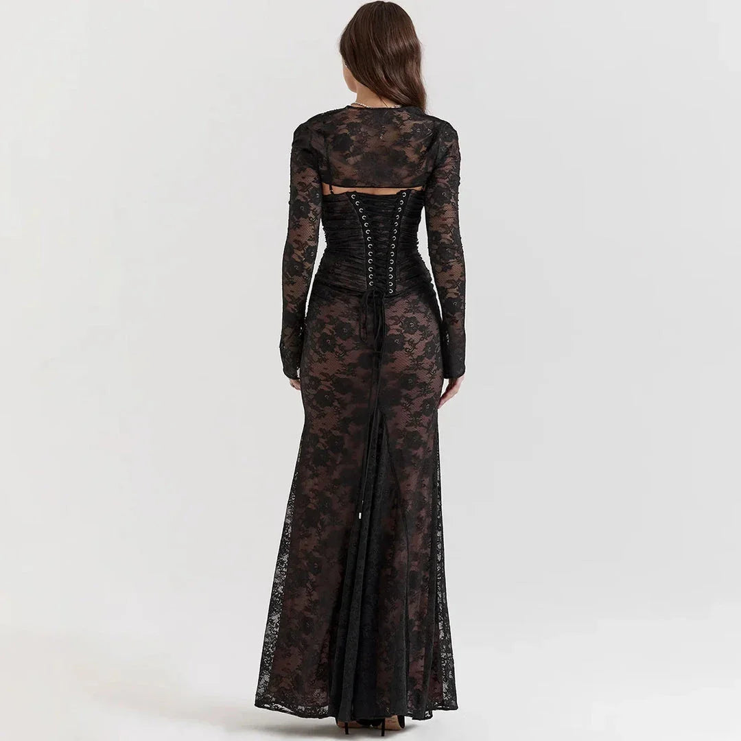 Elegant 2-Piece Lace Dress Set in Ivory, featuring a strap party dress and full sleeves outfit for formal occasions in the UK