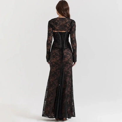 Elegant 2-Piece Lace Dress Set in Ivory, featuring a strap party dress and full sleeves outfit for formal occasions in the UK