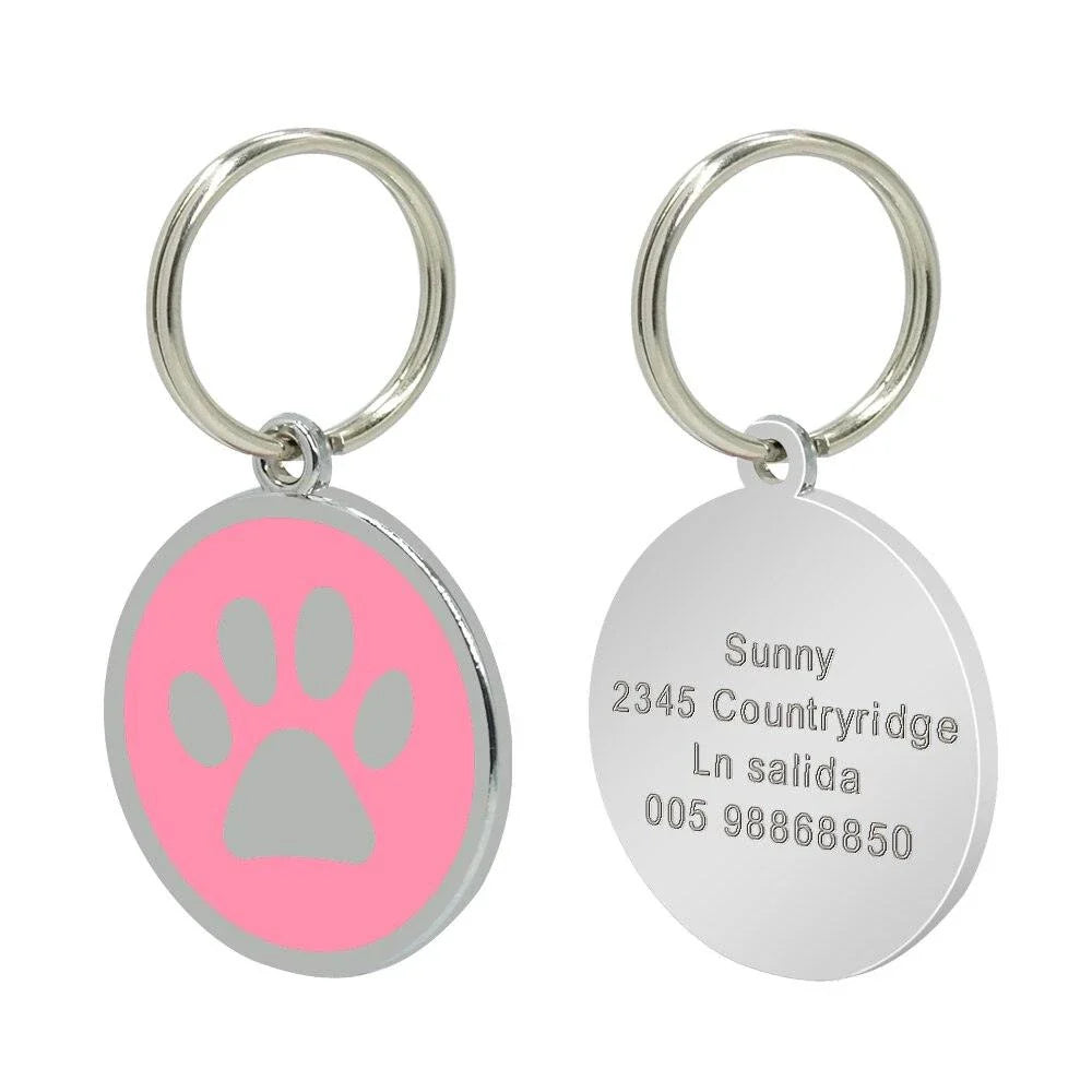 Customisable stainless steel pet ID tags in various colours, designed for identifying and protecting your beloved companion