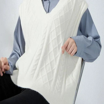 Cosy oversized knitted vest in various colours, featuring a sleeveless V-neck design for versatile layering
