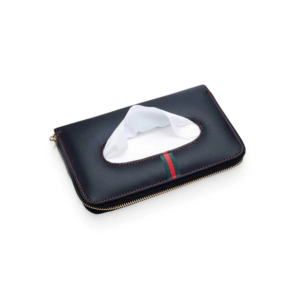 Polyurethane leather clutch-style tissue box cover for car, featuring a sophisticated design and convenient features.