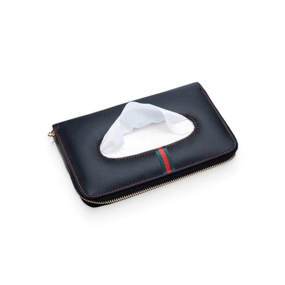 Polyurethane leather clutch-style tissue box cover for car, featuring a sophisticated design and convenient features.
