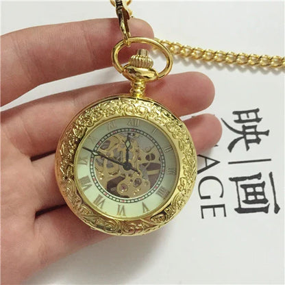Elegant mechanical pocket watch with a golden pattern, showcasing British craftsmanship and timeless style.