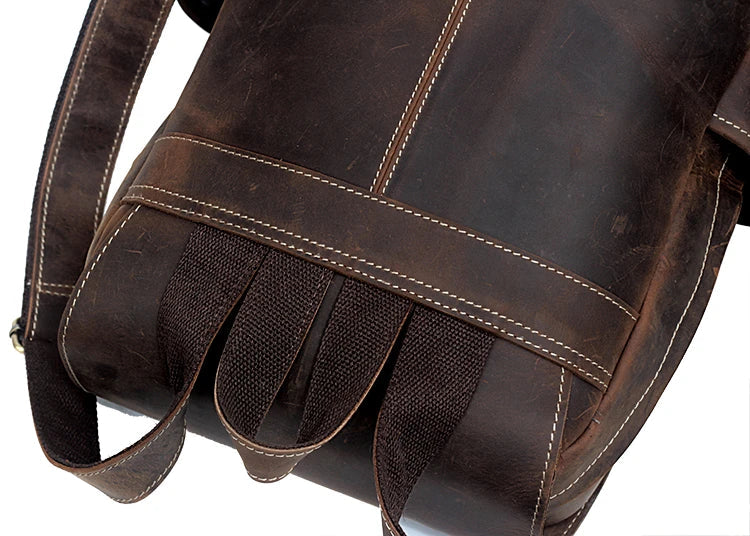 Premium Crazy Horse Leather Backpack with Retro Korean-inspired Design, Featuring Durable Canvas Lining and Ample Storage for 15-inch Laptops