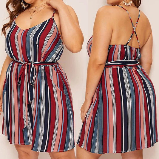 Striped large suspender dress made of premium cotton, featuring a high-waist design and open back with bow detail