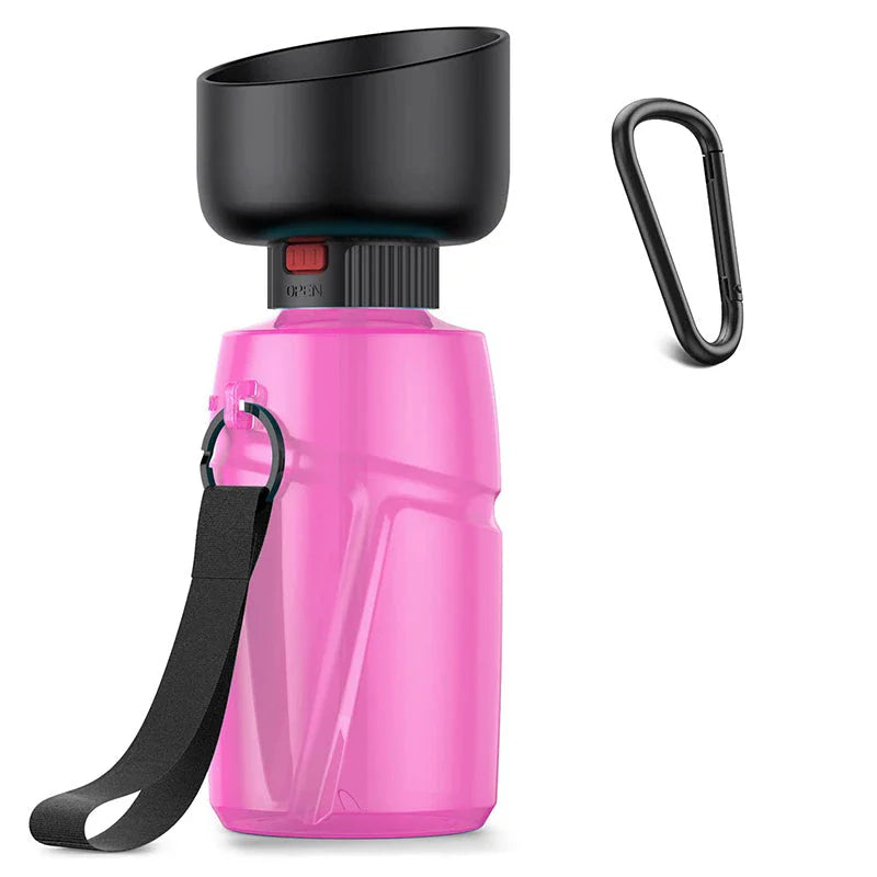 Portable dog water bottle with foldable drinking cup, made of durable, BPA-free plastic for convenient on-the-go hydration