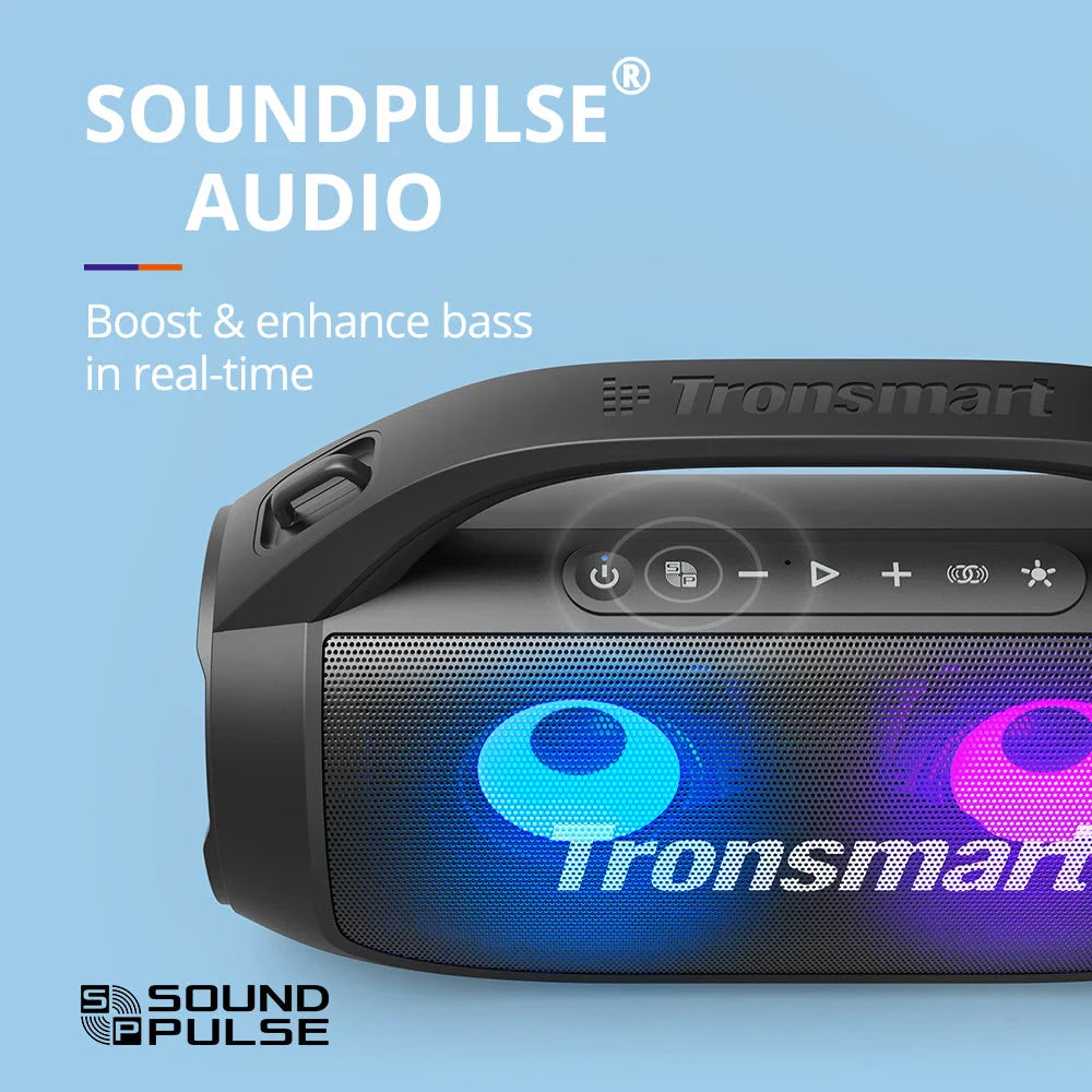 Powerful Bluetooth speaker with 40W audio, 24-hour playtime, and dynamic lighting effects for outdoor use