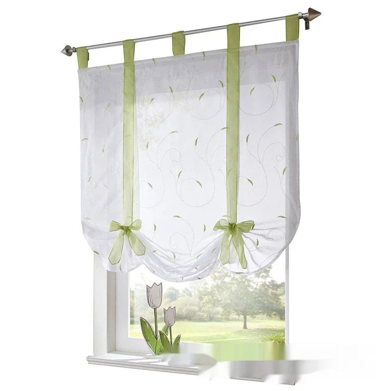 Premium embroidered curtain with adjustable rod in various sizes, showcasing a delicate floral pattern for a refined pastoral charm in the home.