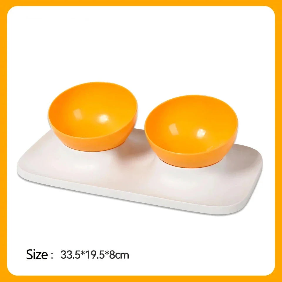 Adjustable anti-spill double bowl feeding station with neck guard for cats and dogs