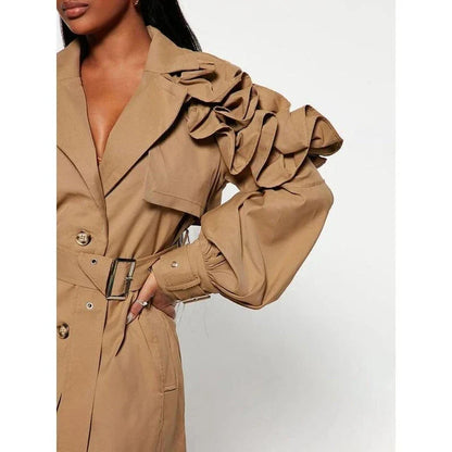Elegant spliced ruffle trench coat for women in khaki colour, featuring premium cotton-polyester blend, stylish ruffles, and flattering wide-waisted fit