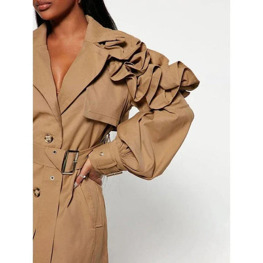 Elegant spliced ruffle trench coat for women in khaki colour, featuring premium cotton-polyester blend, stylish ruffles, and flattering wide-waisted fit