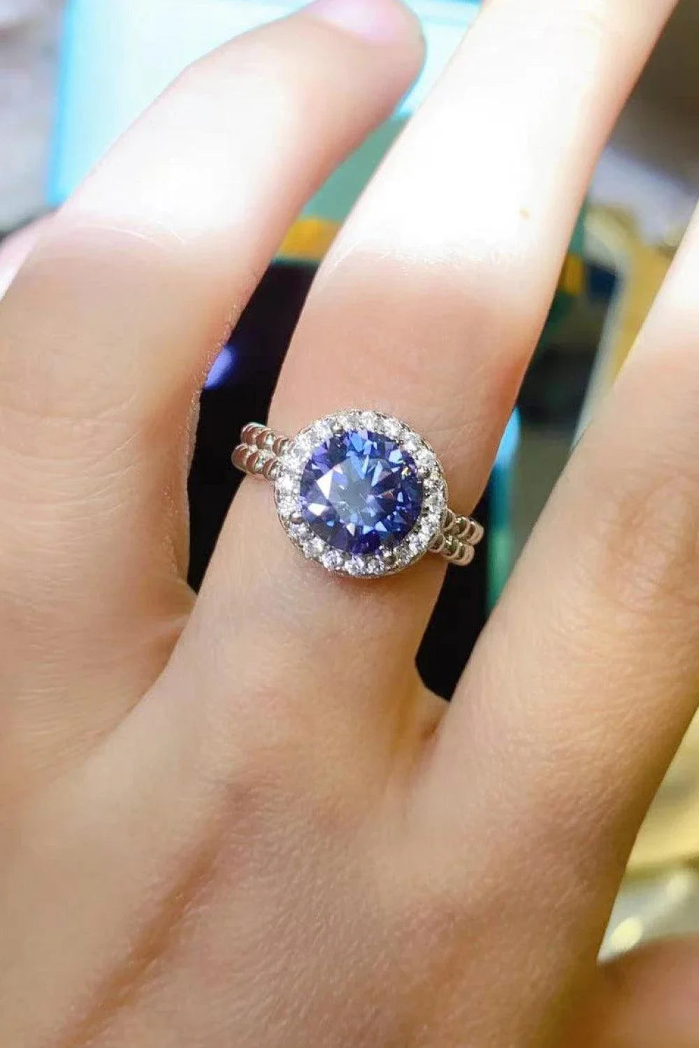 Elegant 2 carat moissanite engagement ring with a stunning royal blue centre stone and a durable 925 sterling silver band