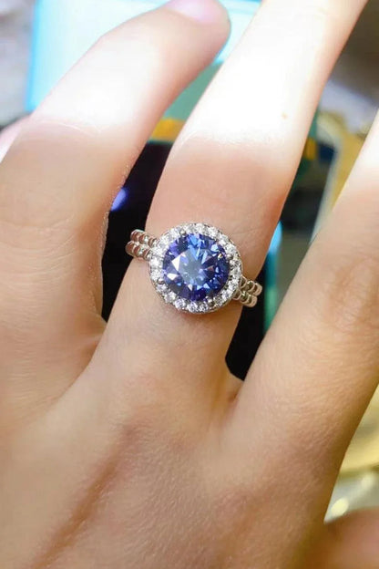 Elegant 2 carat moissanite engagement ring with a stunning royal blue centre stone and a durable 925 sterling silver band