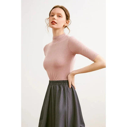 Women's Mock Neck Wool Blend T-Shirt in Pink - Elegant and Comfortable British-Inspired Design