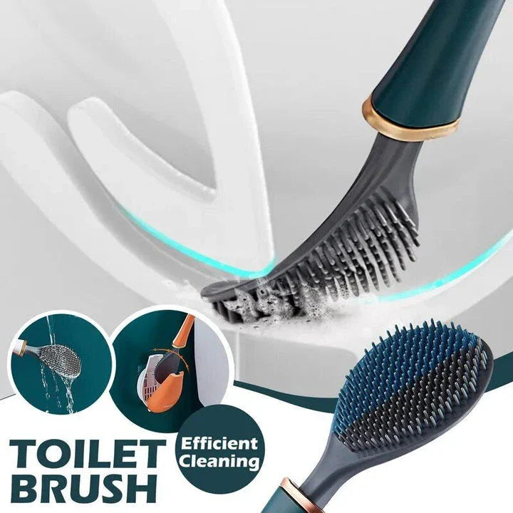A modern long-handled silicone toilet brush with a sleek wall-mounted holder, perfect for efficient and hygienic bathroom cleaning.