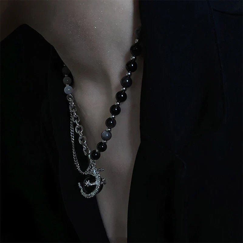 Black agate dragon pendant necklace made of titanium steel with adjustable chain and elegant design