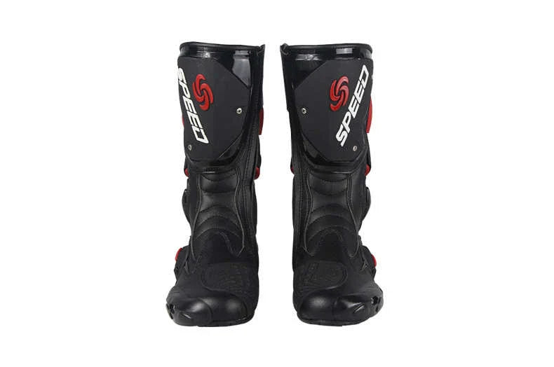 Durable all-weather motorcycle boots with microfiber leather, carbon fibre reinforcements, and shock-absorbing sole for versatile protection and style