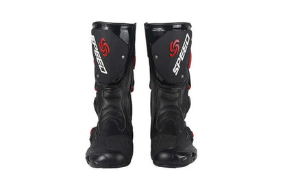 Durable all-weather motorcycle boots with microfiber leather, carbon fibre reinforcements, and shock-absorbing sole for versatile protection and style