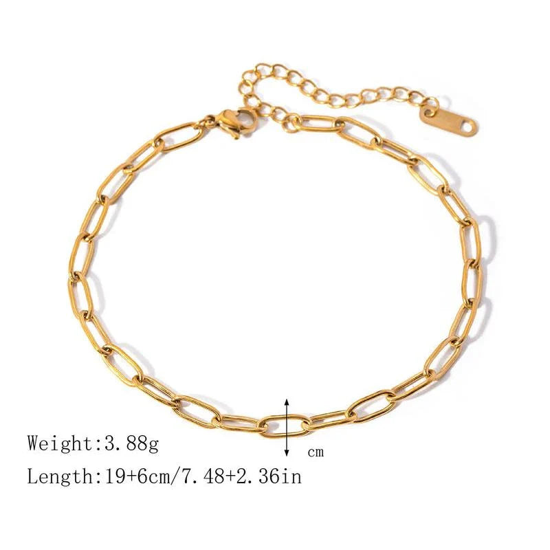 Elegant 18K gold-plated stainless steel paper clip chain anklet with minimalist, sophisticated design