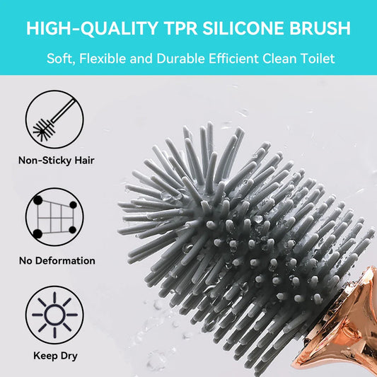 Elegant silicone toilet brush and holder set in black and white with rose gold accents, designed for modern bathroom cleaning