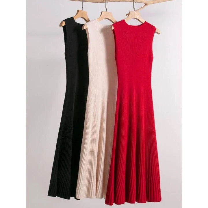 Elegant wool blend sleeveless dress in beige with a flattering fit-and-flare silhouette, perfect for autumn and winter wear