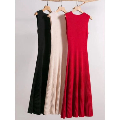 Elegant wool blend sleeveless dress in beige with a flattering fit-and-flare silhouette, perfect for autumn and winter wear