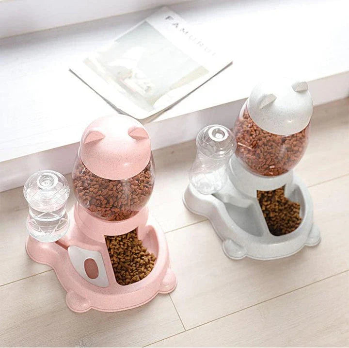 Automatic pet food and water dispenser with blue colour, designed for convenient feeding of cats and dogs