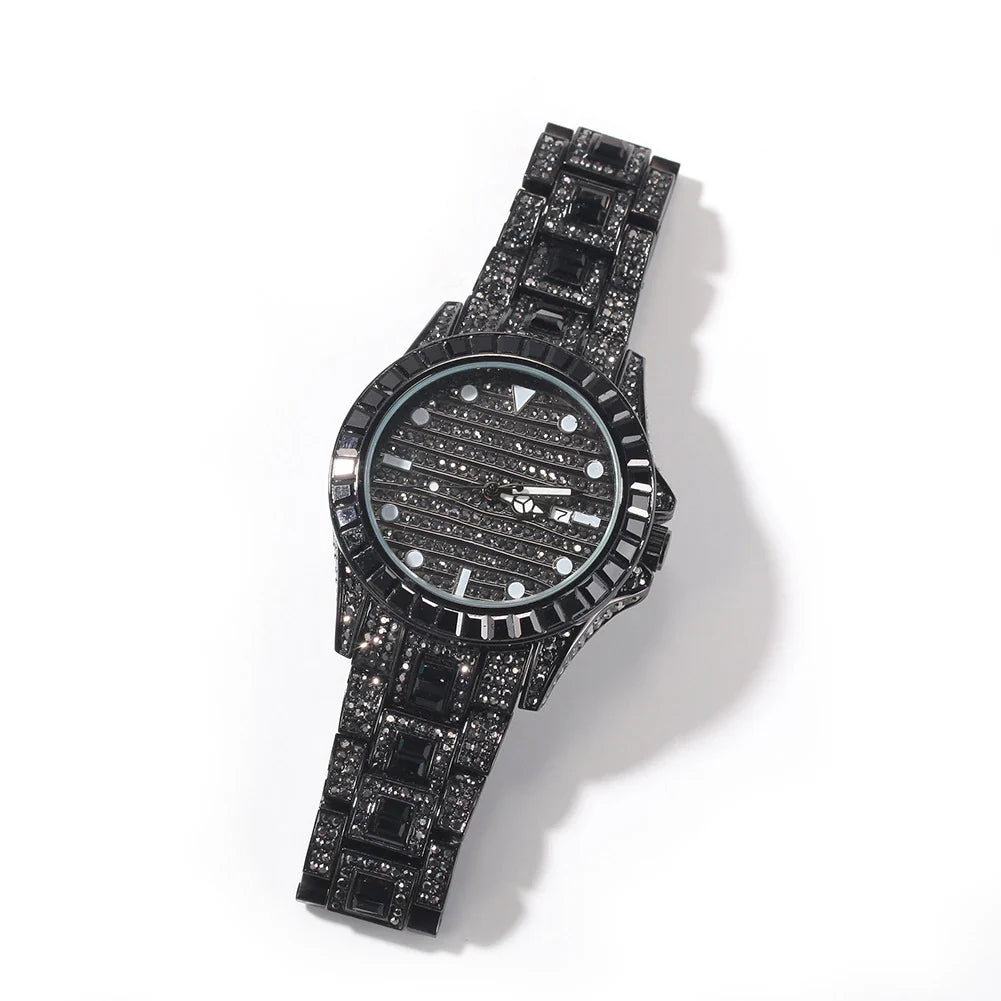 Elegant black diamond butterfly quartz watch with dual buttons and a sleek 43mm stainless steel case