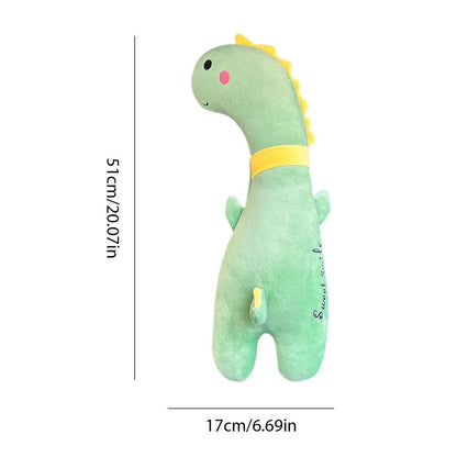 Comfortable car seat belt cushion pads with soft, breathable polyester fabric and plush PP cotton filling in fun cartoon designs including a giant goose, pink dinosaur, long-necked green dragon, and yellow giraffe