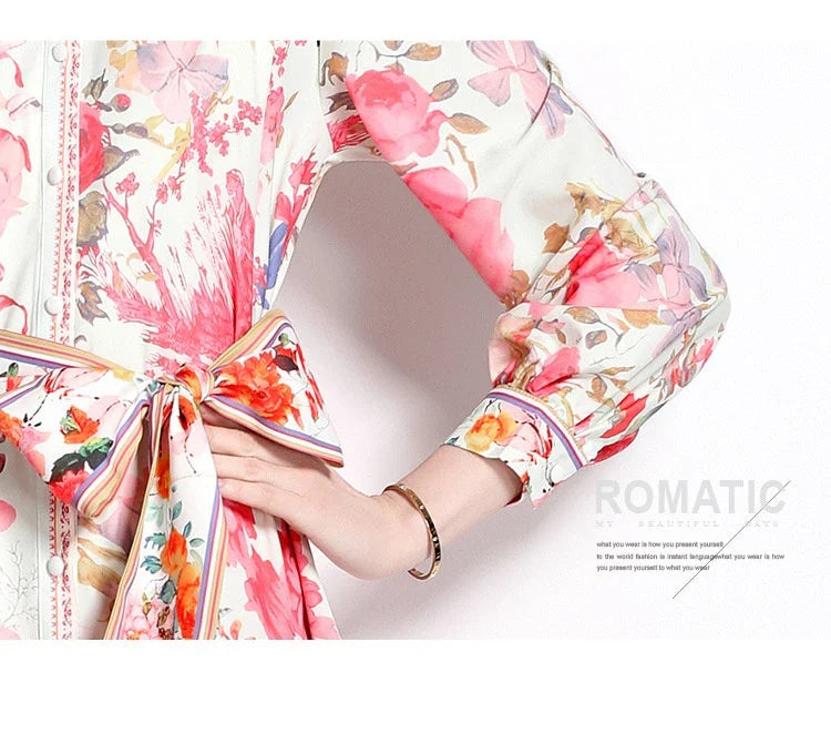 Elegant floral single-breasted swing dress with delicate print, tailored design, and flowing silhouette