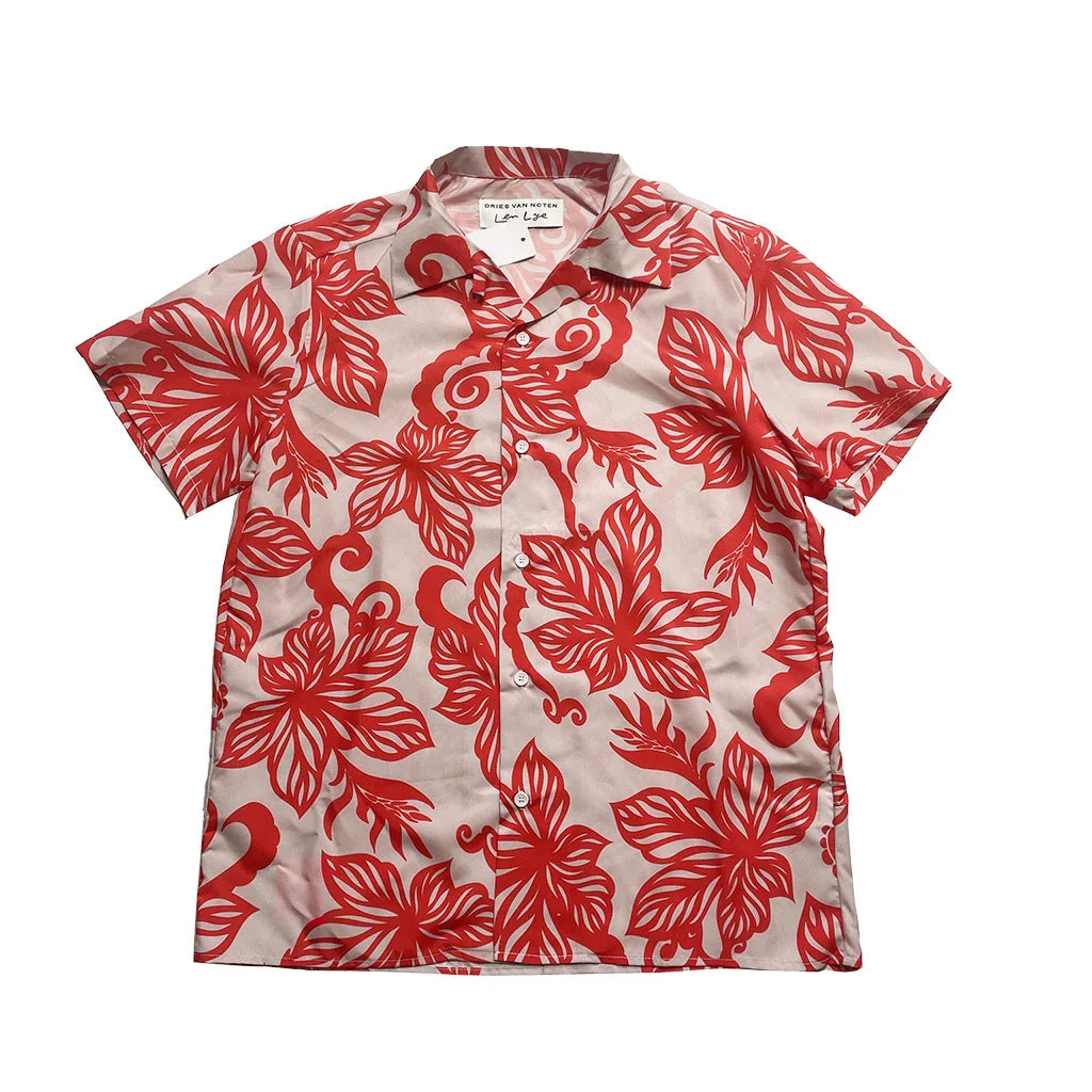 A stylish red short-sleeve shirt with a retro vine print pattern, perfect for casual British-inspired fashion.