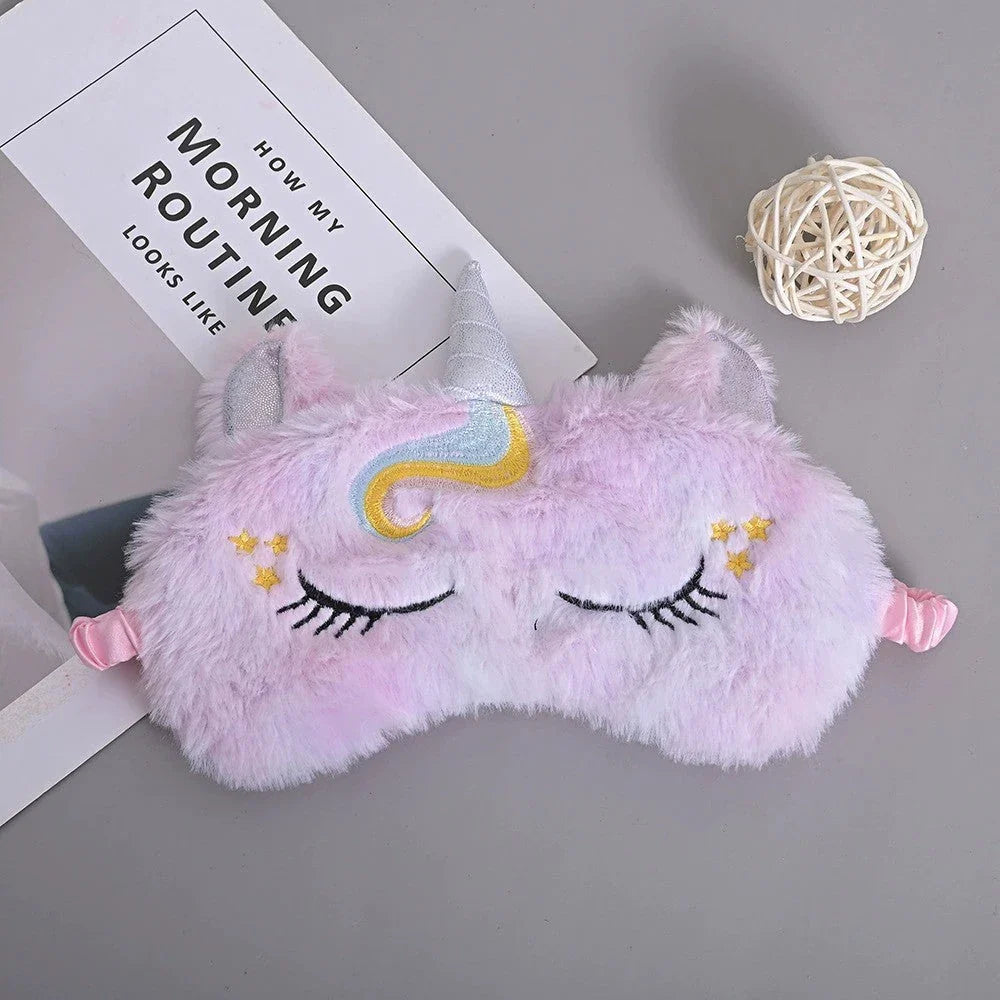 Cosy glitter unicorn sleep mask with plush fabric and adjustable elastic band for a comfortable, customised fit
