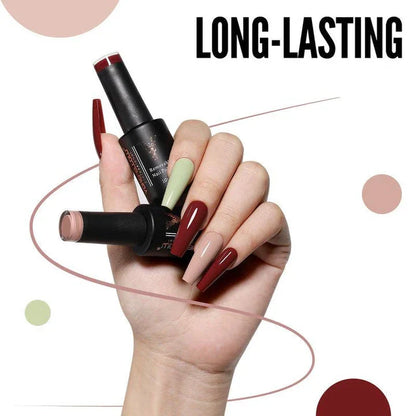 A set of six nude-coloured gel nail polishes in an autumn-inspired collection for long-lasting, salon-quality manicures