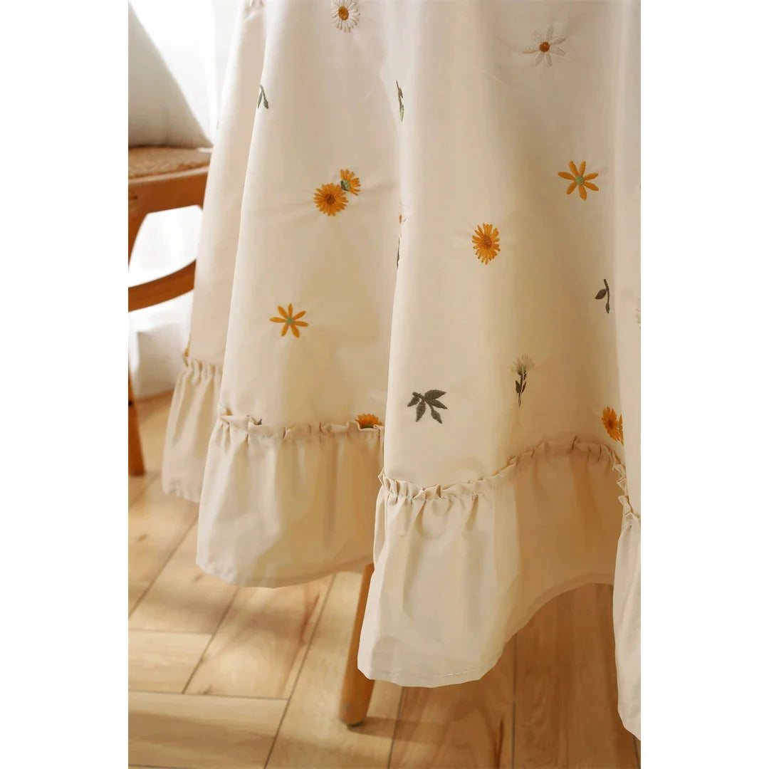 Elegant British Cotton Tablecloth with Intricate Apricot Embroidery and Lotus Leaf Edge