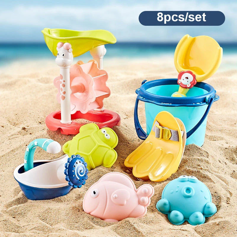 Colourful and vibrant baby beach toy set with shovels, sand moulds, and a convenient carry bag