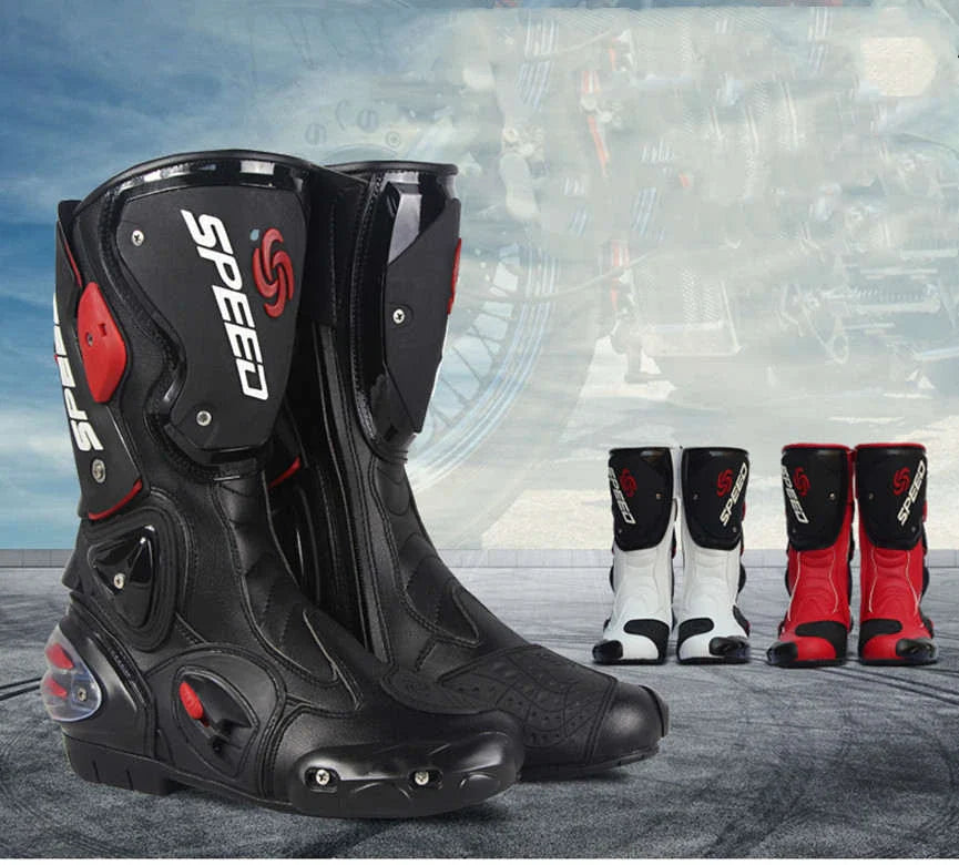 Durable all-weather motorcycle boots with microfiber leather, carbon fibre reinforcements, and shock-absorbing sole for versatile protection and style