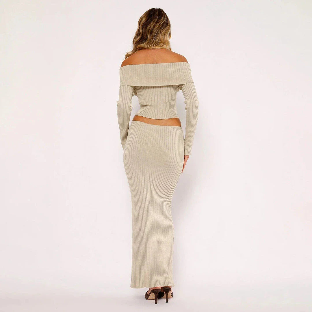 Elegant off-shoulder knitted women's suit with long sleeve top and long skirt in beige colour