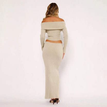 Elegant off-shoulder knitted women's suit with long sleeve top and long skirt in beige colour