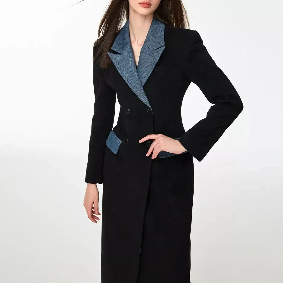 Elegant patchwork trench coat in black with contrast design, ideal for British autumn and winter