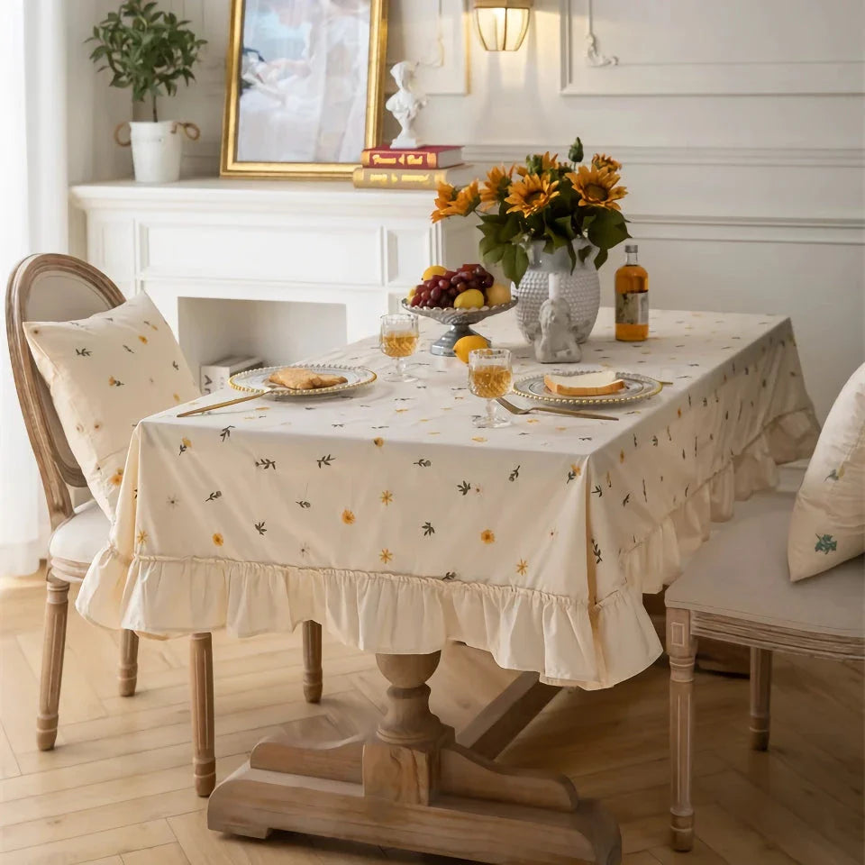 Elegant British Cotton Tablecloth with Intricate Apricot Embroidery and Lotus Leaf Edge