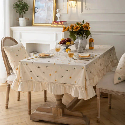 Elegant British Cotton Tablecloth with Intricate Apricot Embroidery and Lotus Leaf Edge