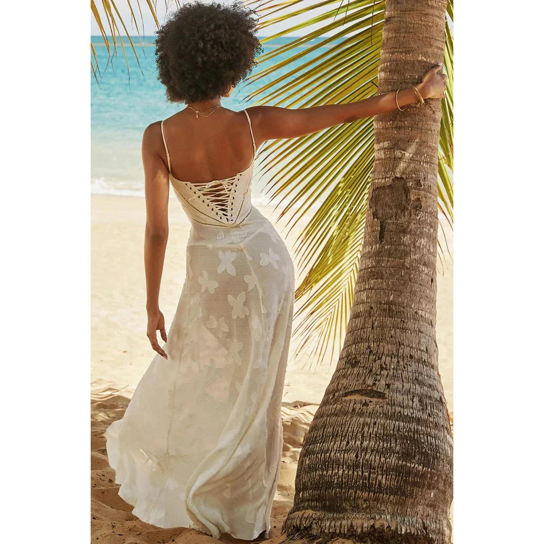 Elegant beige midi corset dress with floral jacquard pattern and lace-up back design
